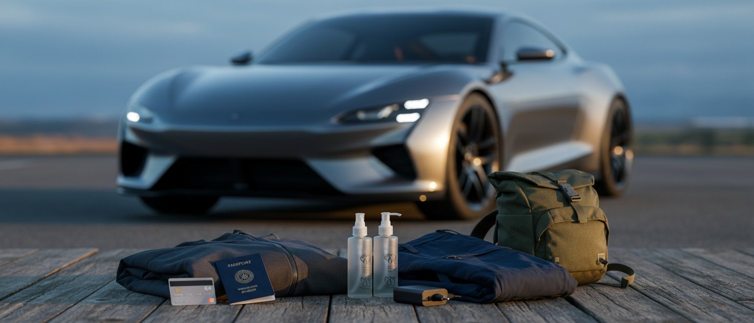 Essentiels du sac de voyage disposés à plat : passeport, cartes, vêtements techniques, trousse compacte et batterie externe
