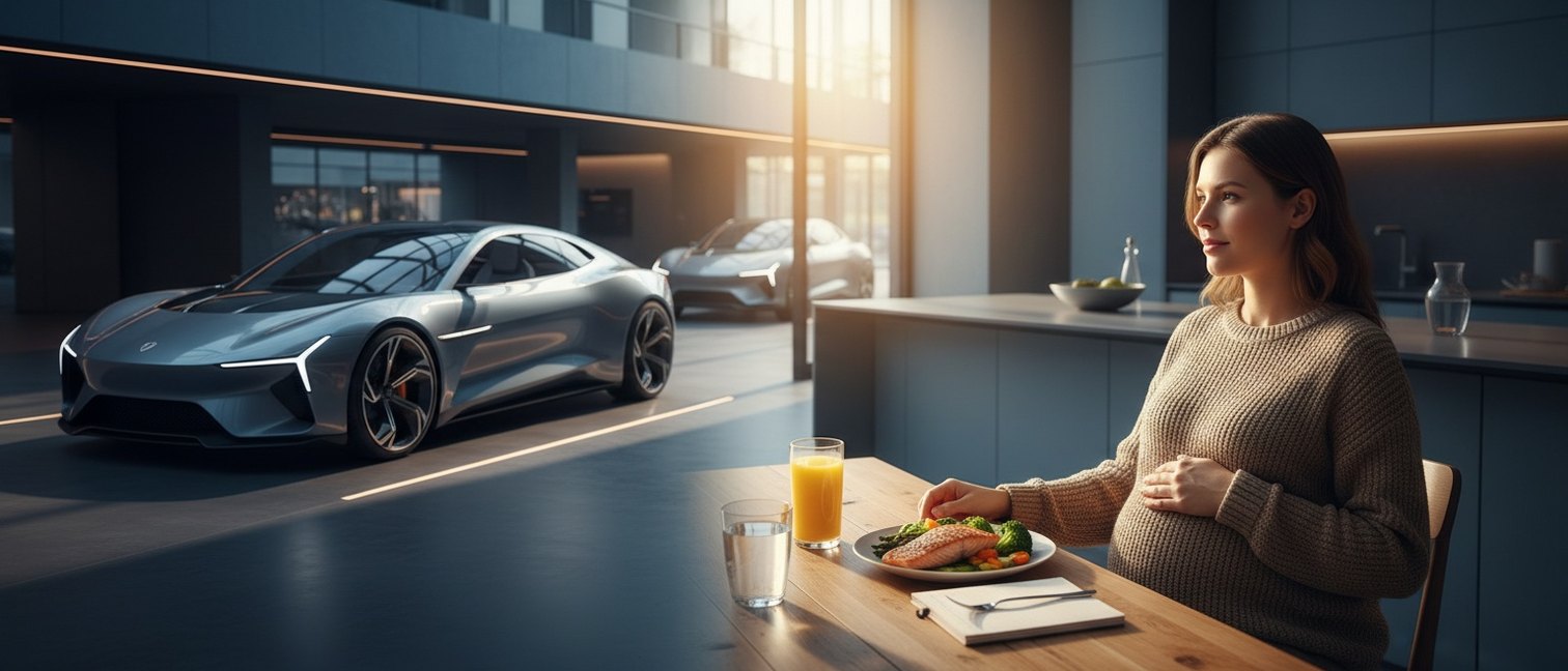 Femme enceinte attablée devant une assiette de légumes verts, de poisson gras et un jus d'orange