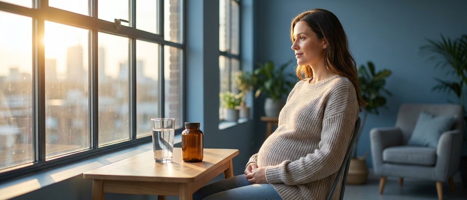 Femme enceinte assise près d'une fenêtre lumineuse avec un verre d'eau et un flacon de compléments