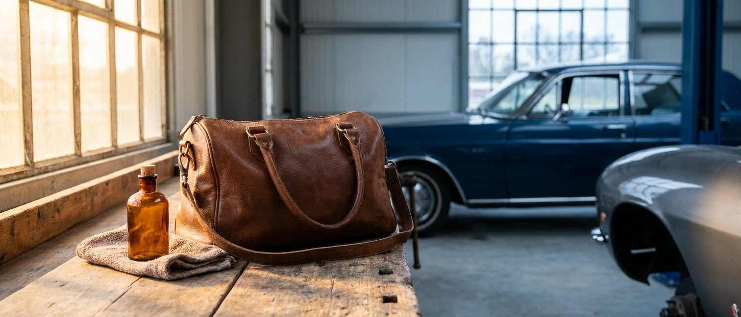 Sac à main en cuir pleine fleur posé sur une table en bois avec un chiffon doux
