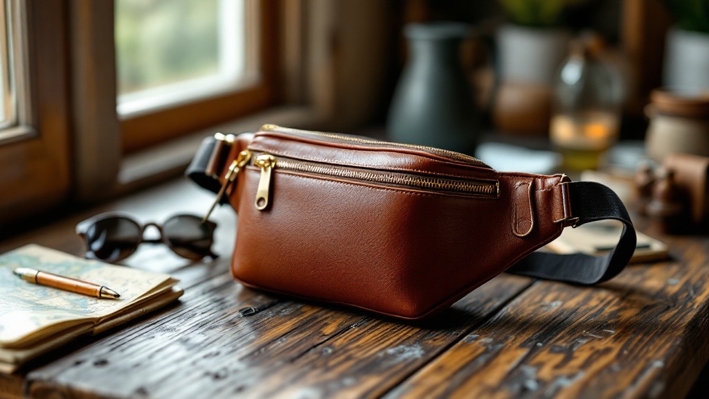 Sac banane en cuir marron posé sur une table en bois avec des lunettes, un stylo et un carnet à côté.